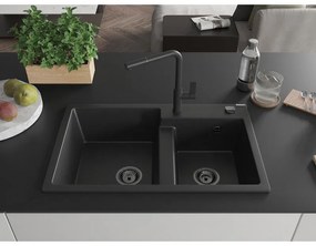 Mexen Tomas, 2-komorový granitový drez 800x500x190 mm a drezová batéria Flora, čierna, 6516-77-670401-70-B