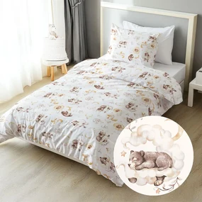 Biante Detské bavlnené posteľné obliečky Sandra SA-456 Medvedíkovia zajačikovia a veveričky v oblakoch na bielom Predĺžené 140x220 a 70x90 cm