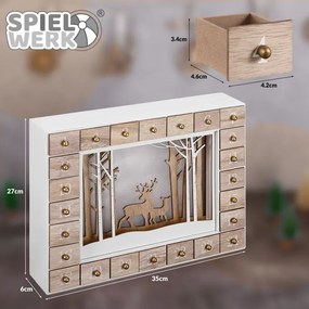 Spielwerk Drevený adventný kalendár ZIMNÝ LES s osvetlením, 35x6x27cm, biela/hnedá