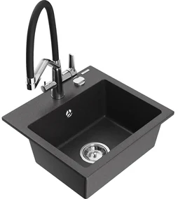 Mexen Milo, granitový drez 435x410x171 mm, 1-komorový a drezová batéria Duo, čierna škvrnitá, 6505-76-671701-07