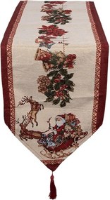 Béžovo-červený látkový behúň so Santom a strapcami - 33*180 cm