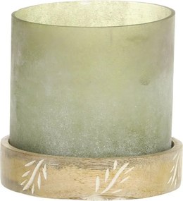 Zelený sklenený svietnik s podstavcom z mangového dreva - Ø 12*11 cm