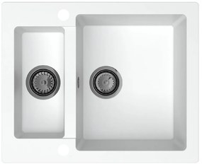 Sink Quality Ferrum, kuchynský granitový drez 605x495x210 mm + čierny sifón, biela, SKQ-FER.W.5KBO.XB