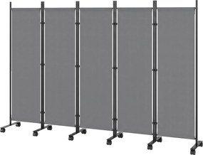 Outsunny 5-dielny paraván 252 × 40 × 170 cm — samostatne stojaci skladací paraván s 12 kolieskami, oceľový rám, vodoodpudivý polyester, tmavosivý | Ao