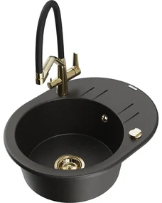 Mexen Kevin, granitový drez 586x458x190 mm, 1-komorový a biela batéria Duo, čierna-zlatá metalíza, 6517-75-671701-57-G