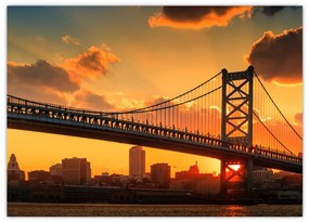 Sklenený obraz - Západ slnka nad mostom Bena Franklina, Filadelfia (70x50 cm)