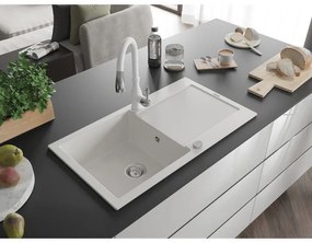 Mexen Leo, 1-komorový granitový drez 900x500x190 mm a drezová batéria Savita, biela, 6501-20-672601-20