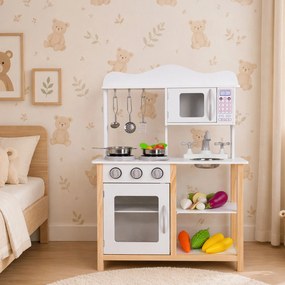 Drevená kuchynka pre deti ECOTOYS s rúrou a 5 kovovými príslušenstvami, biela
