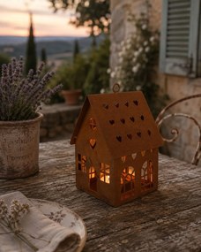 Hrdzavý svietnik v tvare domčeka Rustic Charm - 12*12*18 cm