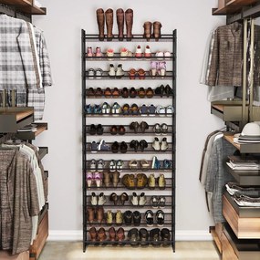 Botník, 12-policový stojan na topánky, pre 48-60 párov topánok, čierny