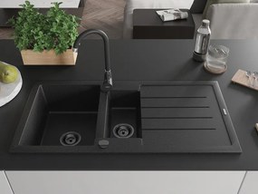 Mexen Andres, granitový drez 1000x500x200 mm, 1,5-komorový, čierna-strieborná metalíza s čiernym sifónom, 6515101510-73-B