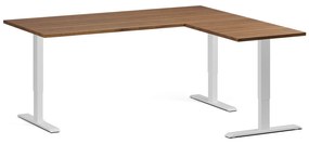 Výškovo nastaviteľný stôl, 180x160 cm, 3 motory, L/P, biela podnož, orech