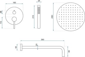 Rea Lungo, podomietkový sprchový set s dažďovou hlavovou a ručnou sprchou, čierna lesklá, REA-P4420