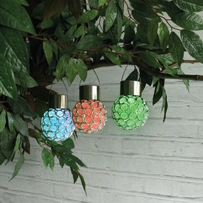 Exteriérové solárne závesné svietidlo Ring, 1x strieborné krištáľové tienidlo, RGB