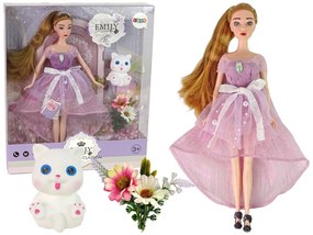 Lean Toys Bábika Emily v ružových šatách s mačiatkom a kvietkami