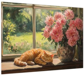 Sklenený obraz - Mačka na okne (70x50 cm)