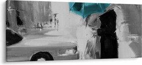 Obraz - Zamilovaný pár s dáždnikom, modrý (120x50 cm)