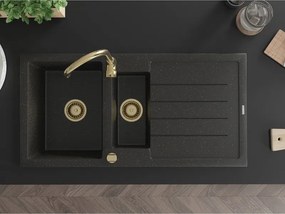 Mexen Andres, granitový drez 1000x500x200 mm, 1,5-komorový, čierna so zlatou metalízou a zlatým sifónom, 6515101510-75-G