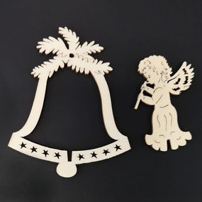 AMADEA Drevená ozdoba 3D zvonček - anjel s píšťalou 9 cm