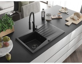 Mexen Cesar, 1-komorový granitový drez 775x470x190 mm a drezová batéria Aster, čierna-strieborná metalíza, 6514-73-73450-70-B