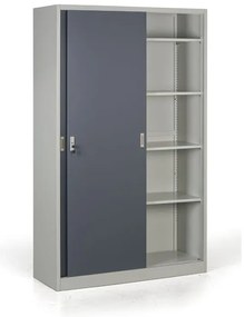 Kovová skriňa s posuvnými dverami, 4 police, 1200 x 1990 x 450 mm, tmavo sivá