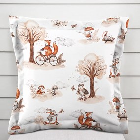 Biante Detská bavlnená obliečka na vankúš s lemom Sandra SA-696 Líšky na bicykloch - hnedé na bielom 45 x 45 cm