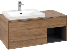 VILLEROY &amp; BOCH Subway 3.0 závesná skrinka pod umývadlo (umývadlo vľavo), 2 zásuvky + regálový prvok, s LED osvetlením, 1001 x 516 x 422,5 mm, Oak Kansas, C572L0RH