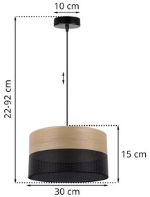 Závesné svietidlo Wood, 1x dýha zlatý dub/čierne PVC tienidlo, (fi 30cm)