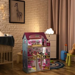 Drevený domček pre bábiky s LED osvetlením a nábytkom