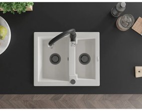 Mexen Carlos, 1,5-komorový granitový drez 582x475x177 mm a drezová batéria Savita, biela, 6518-20-672601-70