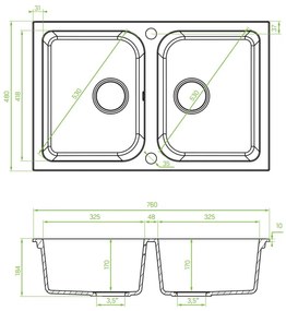 Laveo Celia, 2-komorový granitový drez 760x480x184 mm, béžová, LAV-SBC_420T
