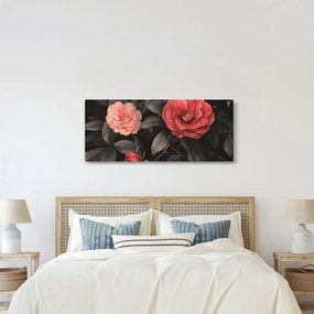 Obraz - Červené kvety na tmavom pozadí (120x50 cm)