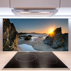 Sklenený obklad Do kuchyne Skala pláž slnko krajina 140x70 cm