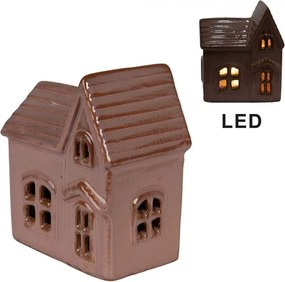 Hnedo-ružový keramický svietiaci LED domček - 10*6*11 cm
