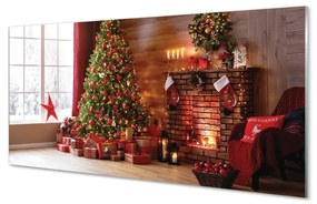 Sklenený obraz Ozdoby na vianočný stromček darčeky ohnisko 125x50 cm