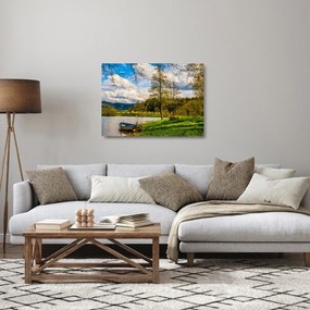 Sklenený obraz loďky pri jazere (70x50 cm)