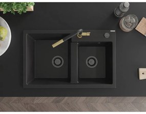 Mexen Tomas, 2-komorový granitový drez 800x500x190 mm a drezová batéria Flora, čierna, 6516-77-670401-57-B