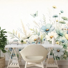 Tapeta pastelové lúčne kvety a lietajúce motýle