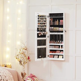 Skrinka na šperky, uzamykateľný nástenný organizér so zrkadlom, biely