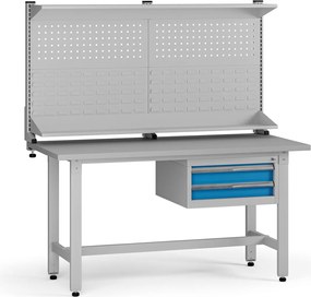 Výškovo nastaviteľný dielenský stôl G5 s nadstavbou, 1500 x 750 x 800-1000 mm, 1x kontajner, 2 zásuvky, modrá