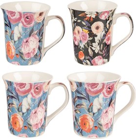 Sada 4ks modrý a čierny porcelánový hrnček s kvetmi - 12* 8*10 cm / 300 ml