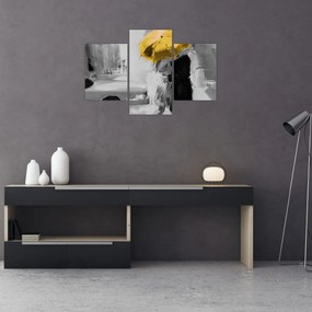 Obraz - Zamilovaný pár pod dáždnikom, žltý (90x60 cm)