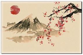Obraz na plátne - Tradičné sumi-e obraz: sakura, slnko a hory 1271FA (75x50 cm)