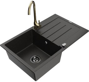 Mexen Bruno, 1-komorový granitový drez s odkvapkávačom 795x495x200 mm a chrómová kuchynská batéria Telma, čierna - zlatá metalíza, 6513-75-670200-50-B