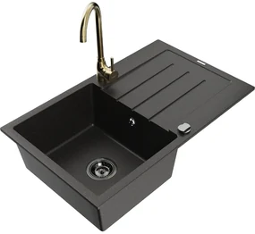 Mexen Bruno, 1-komorový granitový drez s odkvapkávačom 795x495x200 mm a chrómová kuchynská batéria Telma, čierna - zlatá metalíza, 6513-75-670200-50-B