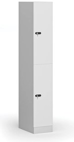 Šatníková skrinka S1 s úložnými boxmi, 2 boxy, 1850 x 300 x 500 mm, mechanický kódový zámok, laminované dvere, biela