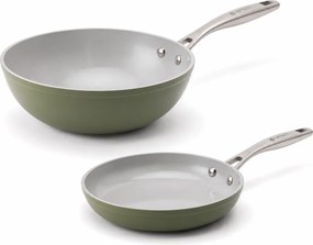 Elmich Základná súprava keramických panví Zen 2 ks – klasická + wok, olivovozelená