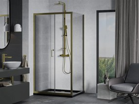 Mexen Apia sprchovací kút s posuvnými dverami 120 (dvere) x 100 (stena) cm, 5mm číre sklo, zlatý profil + čierna sprchová vanička SLIM, 840-120-100-50-00-4070G