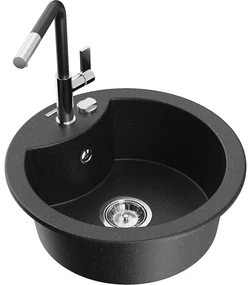 Mexen Diego, 1-komorový granitový drez 488x488x167 mm a drezová batéria Flora, čierna-strieborná metalíza, 6512-73-670401-07