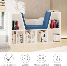 HOMCOM Knižnica a lavička 2 v 1 Moderný dizajn 6 priehradiek 3 vankúše 102D x 30Š x 61V cm Biela Modrá | Aosom